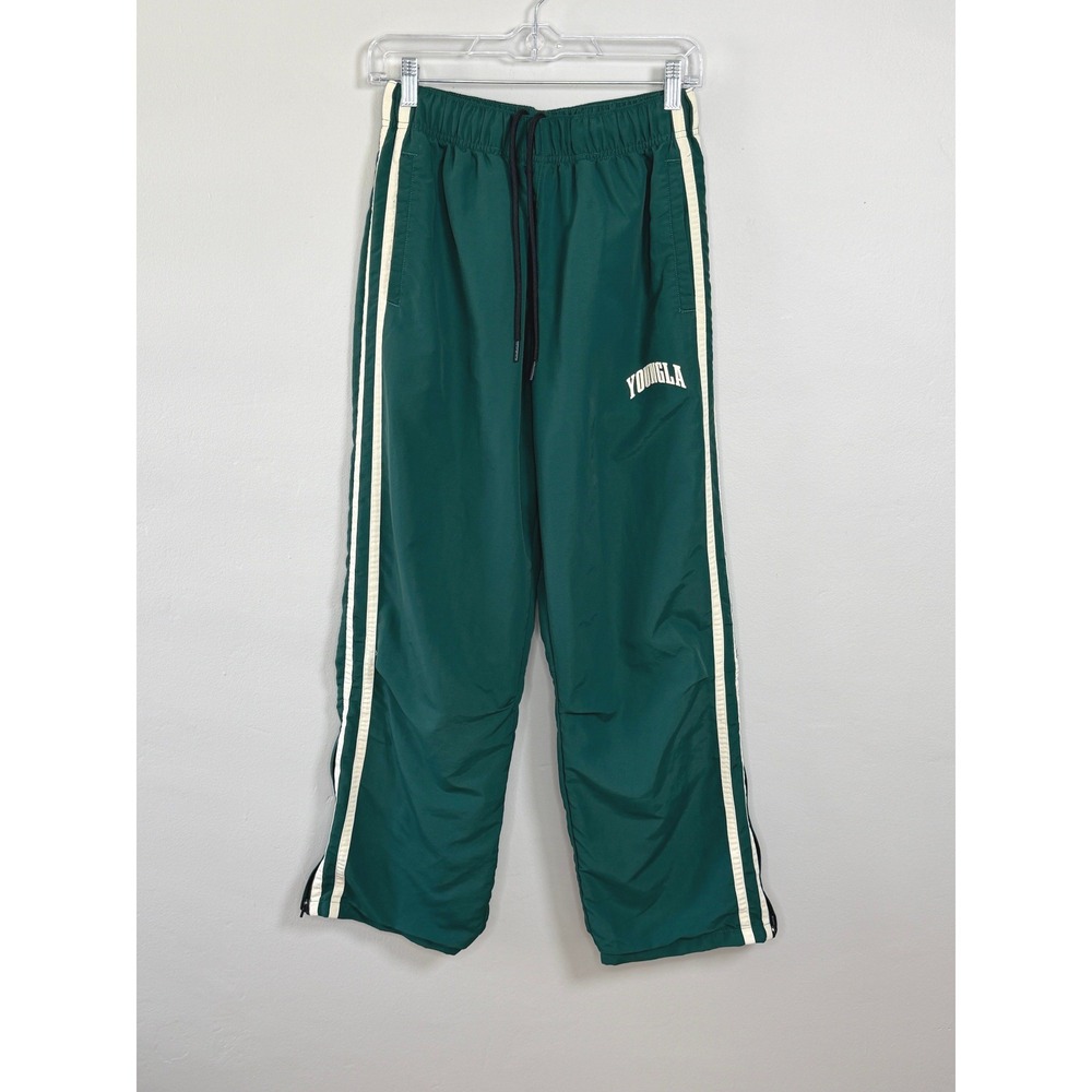 YoungLA Track Pants Men S Green Athletic Striped Mesh Lined Sporty Retro
